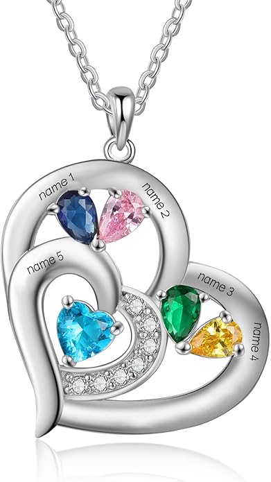 10K 14K 18K Gold Natural Diamond Personalized Mother Name Necklace with 1-6 Birthstones Sterling Silver Custom Heart Name Necklace for Women Mom Grandmother Wife Friend Gifts for Mother's Day