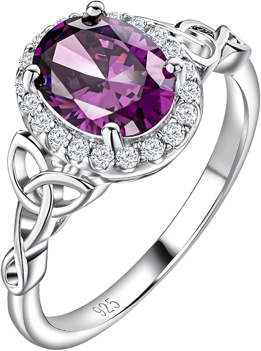 DAYBYDAY Celtic Birthstone Rings for Women 925 Sterling Silver Heart/Round/Pear/Oval Created Gemstone Moissanite Halo Engagement Promise Rings for Her Wife Birthday Anniversary Wedding Jewelry