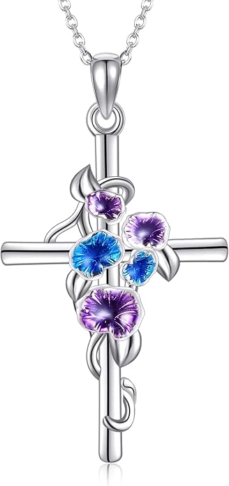 Flower Cross Necklace 925 Sterling Silver Carnation/Rose/Lily/Daisy Cross Necklace Birth Flower Jewelry for Women