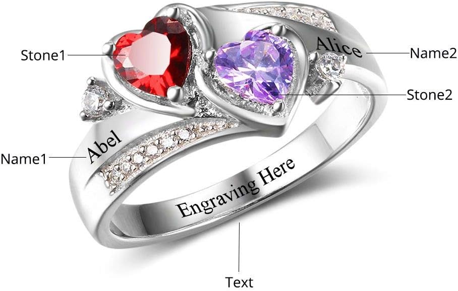 Sterling Silver Personalized mothers ring with 2 birthstones family jewelry gift for her promise ring customized name engraved ring
