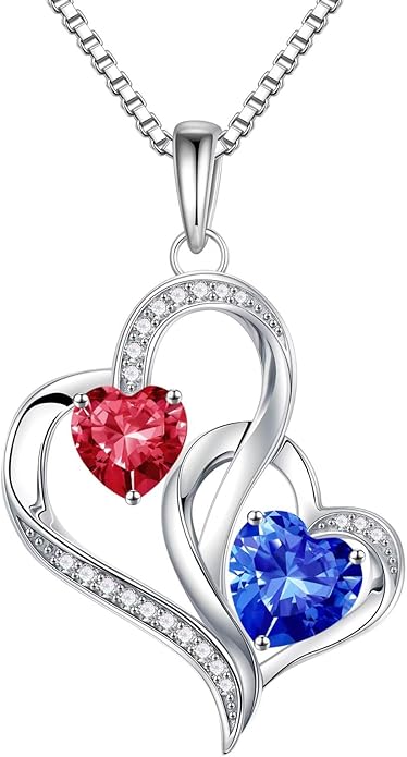 Iefil Birthstone Necklace for Women - 925 Sterling Silver Double Birthstone Heart Necklace | Anniversary Birthday Gifts for Women | Personalized Gifts | Jewelry Gifts for Wife Mom Girlfriend
