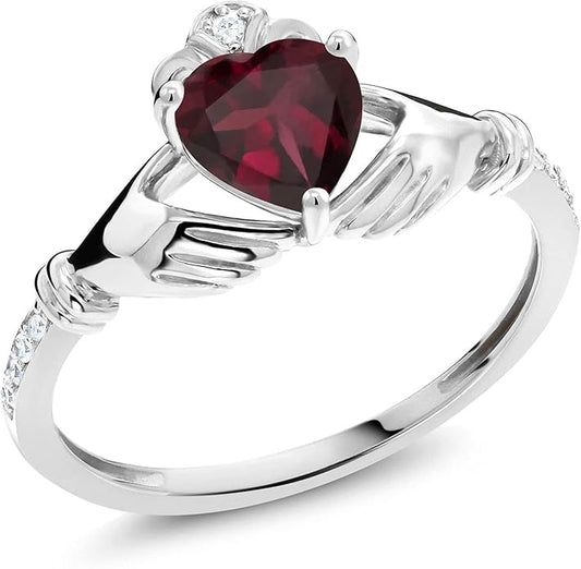 Gem Stone King 10K White Gold 6MM Heart Shape Gemstone Birthstone and White Diamond Irish Celtic Claddagh Engagement Ring | Gold Ring For Women | Available In Size 5, 6, 7, 8, 9
