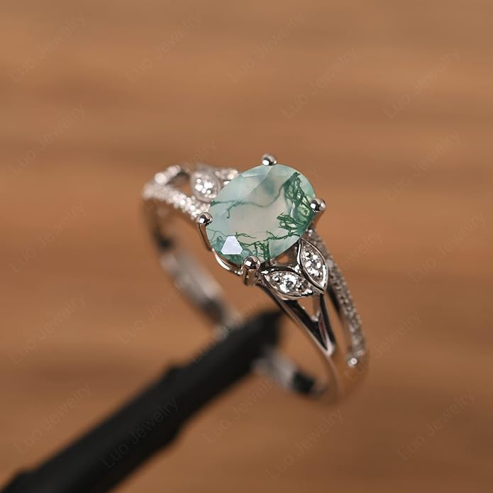 925 Sterling Silver Oval Shaped 8X6 MM Gemstone Ring Leaf Engagement Ring for Women Jewelry