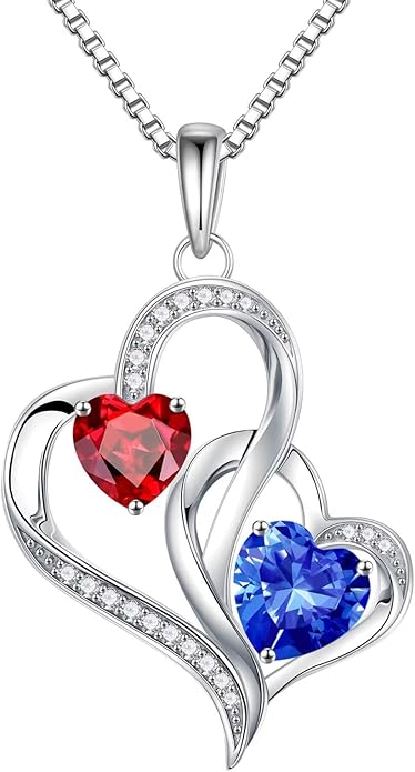 Iefil Birthstone Necklace for Women - 925 Sterling Silver Double Birthstone Heart Necklace | Anniversary Birthday Gifts for Women | Personalized Gifts | Jewelry Gifts for Wife Mom Girlfriend