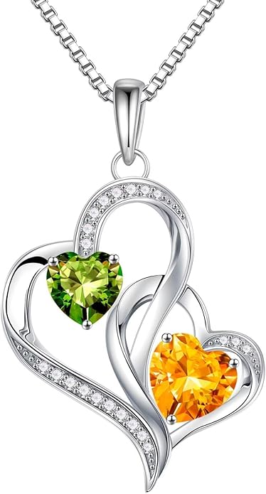 Iefil Birthstone Necklace for Women - 925 Sterling Silver Double Birthstone Heart Necklace | Anniversary Birthday Gifts for Women | Personalized Gifts | Jewelry Gifts for Wife Mom Girlfriend