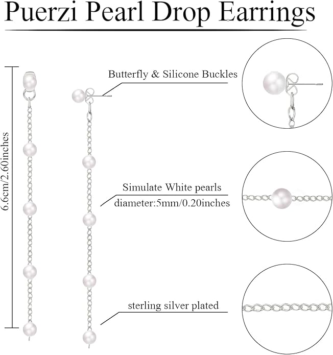 Pearl Earrings，4mm 5mm 6mm Gold/Silver Dangle Earrings for Women White Long Drop Pearl Dangling Earrings Bridal Wedding Dainty Prom Earrings Birthday Gifts Jewelry
