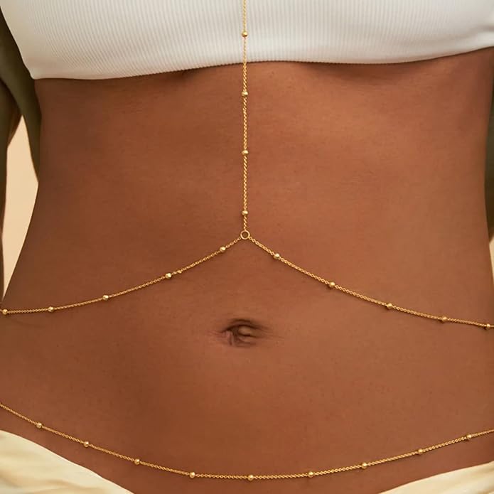 14K Gold Body Chains for Women, Sexy Layered Belly Waist Chain Bikini Bra Chain, Summer Beach Rhinestone Body Jewelry