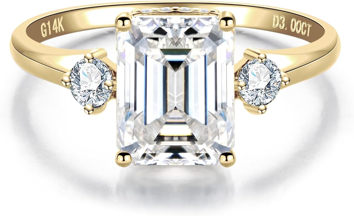 Solid 14K Gold 3.36ct Moissanite Three Stone Rings (3ct Center Stone), Round/Oval/Emerald Shape, Real Gold | D Color and Flawless Moissanite | Wedding Anniversary Ring