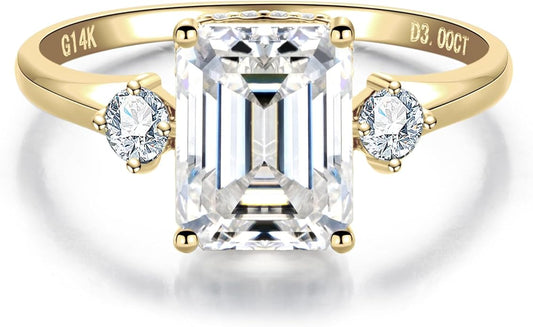 Solid 14K Gold 3.36ct Moissanite Three Stone Rings (3ct Center Stone), Round/Oval/Emerald Shape, Real Gold | D Color and Flawless Moissanite | Wedding Anniversary Ring