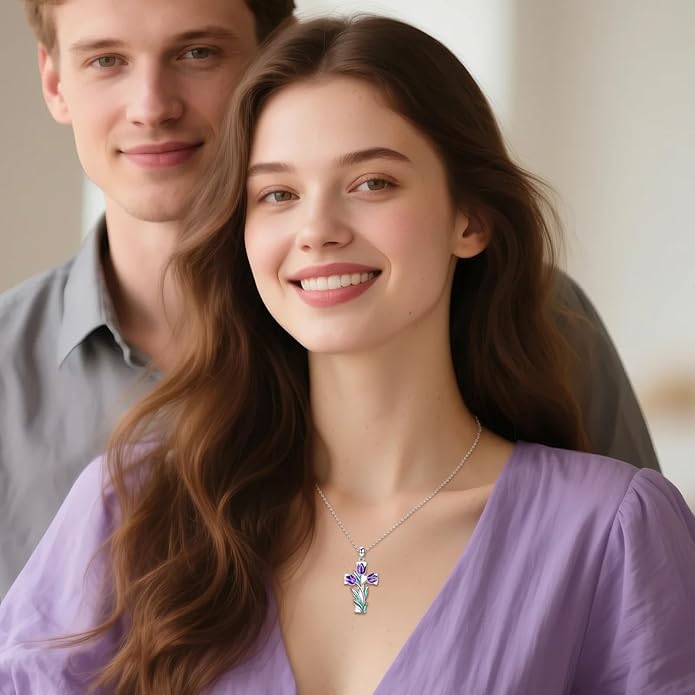 Flower Cross Necklace 925 Sterling Silver Carnation/Rose/Lily/Daisy Cross Necklace Birth Flower Jewelry for Women