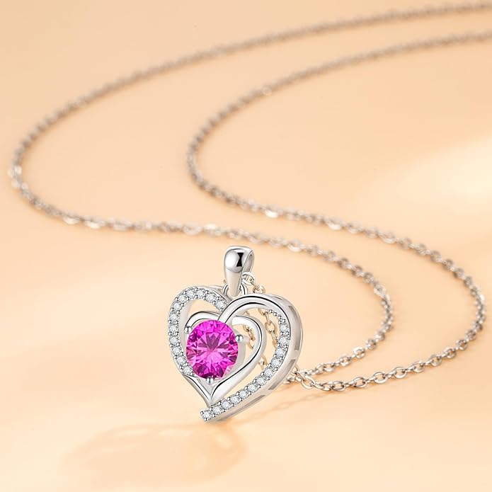 Heart Necklace, I Love You Always & Forever, Birthstone Cubic Zirconia Pendant, Gift for Women