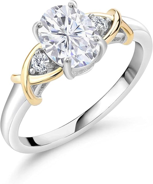 Gem Stone King 925 Sterling Silver and 10K Yellow Gold White Moissanite 3-Stone Engagement Ring | 1.58 Cttw | Oval 8X6MM | 3 Stone Wedding Anniversary Promise Ring For Women