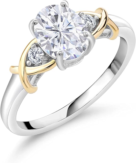 Gem Stone King 925 Sterling Silver and 10K Yellow Gold White Moissanite 3-Stone Engagement Ring | 1.58 Cttw | Oval 8X6MM | 3 Stone Wedding Anniversary Promise Ring For Women