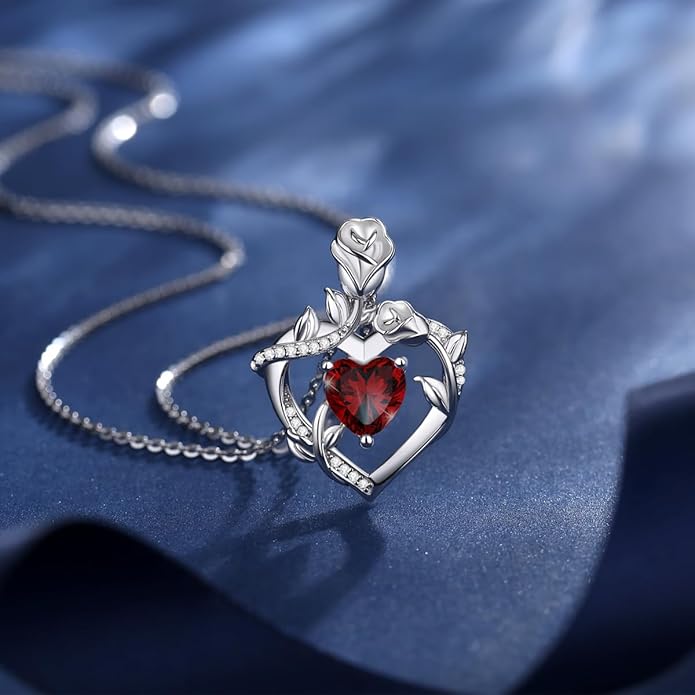 AGVANA Rose Birthstone Necklace for Women Sterling Silver Rose Flower Heart Necklace Fine Jewelry Anniversary Birthday Gifts for Women Wife Mom Her, Length: 18"+2"
