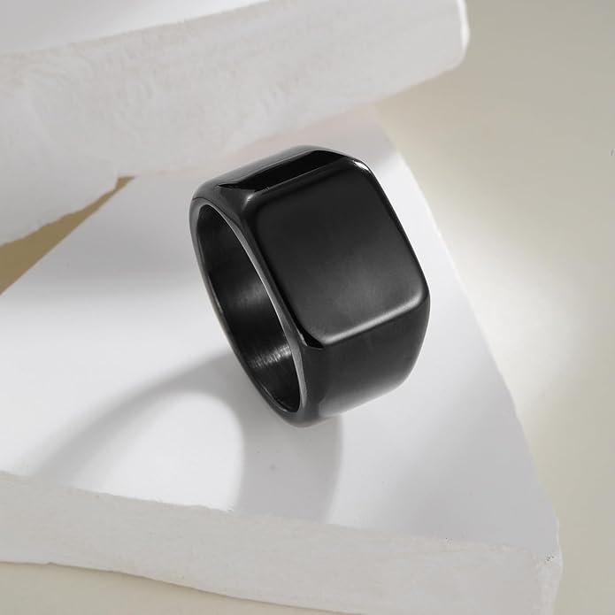 Mens Signet Rings Stainless Steel Pinky Ring for Men Women Silver/Black/Gold Square Cool Finger Ring, Gift for Dad Husband