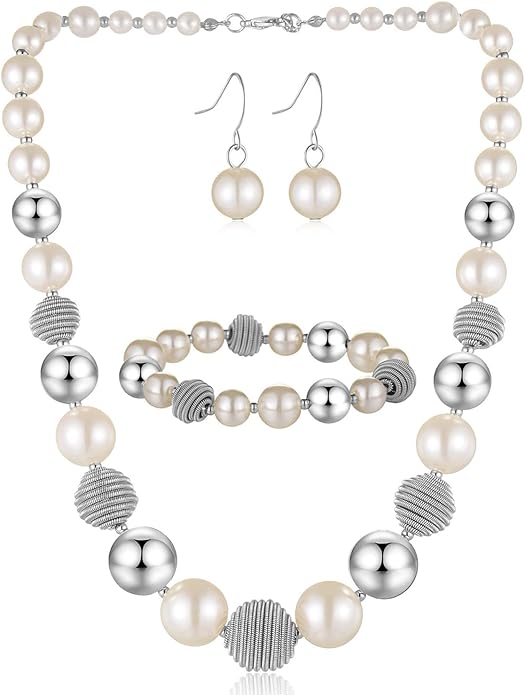 PEARL&CLUB Beaded Chunky Statement Necklace Earring and Bracelet Set Silver Metal Bead Fashion Jewelry Set Mothers’ Day Gifts for Women