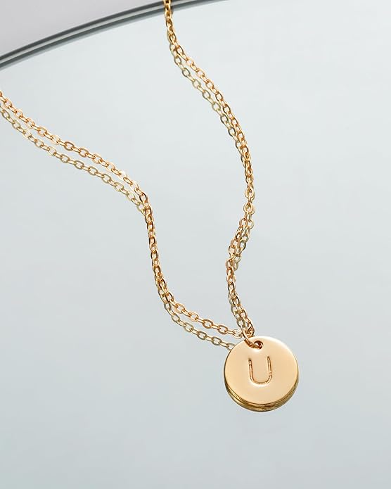 Bemoly Initial Necklace for Women Round 11MM Coin Disc Double Side Engraved Letter A-Z Hammered Pendant 14K Gold Plated Personalized Alphabet Birthday Jewelry 17.5"