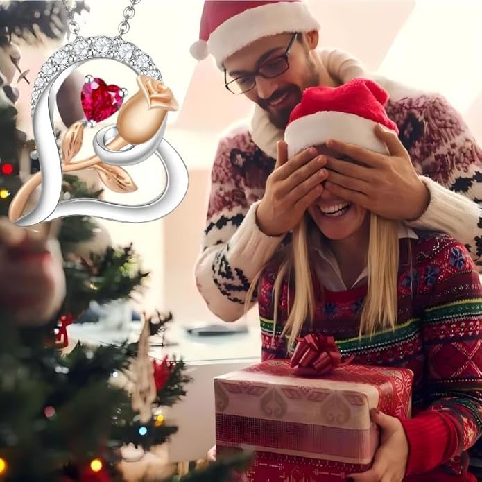 Rose Flower Heart Birthstone Necklaces for Women, 925 Sterling Silver Anniversary Jewelry, Pendant Heart Necklaces Birthday Anniversary Christmas Gift for Women Wife Mom Girlfriend Lady