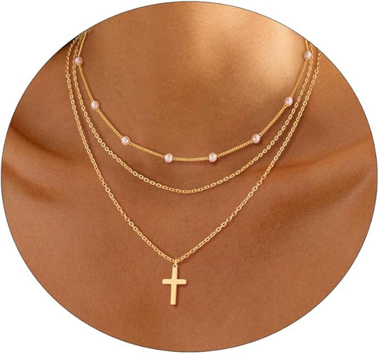 ASCOMY Layered Necklaces for Women Dainty Gold Necklace 14K Gold Plated Herringbone Necklace for Women Pearl Cross Necklace Paperclip Cuban Figaro Rope Satellite Chain Gold Choker Trendy Jewelry Gift