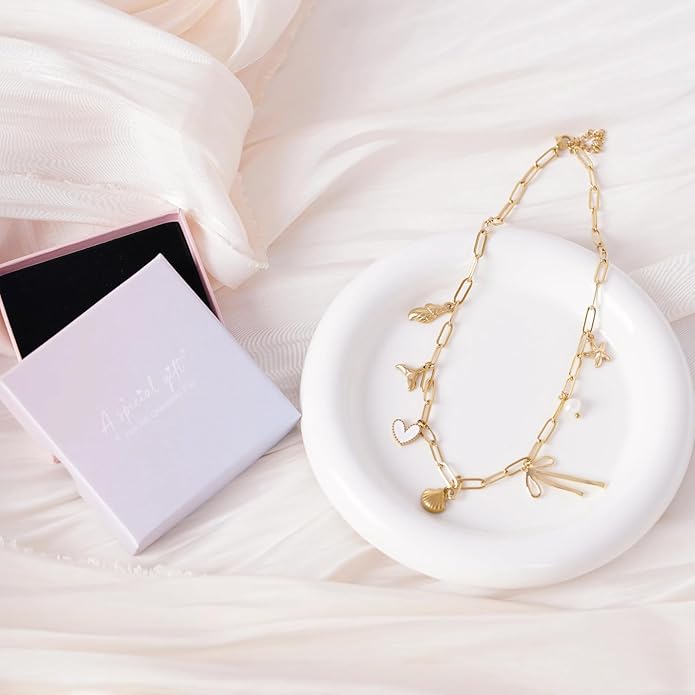 Charm Necklace for Women 14K Gold Plated Shell Cowgirl Boot Horseshoe Bow Heart Pendant Necklace Beach Western Jewelry