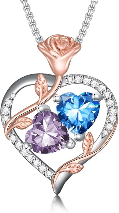 Jewelry for Her Double Heart Rose Birthstone Pendant Necklace Anniversary Jewelry Christmas Birthday Gifts for Women Wife Girlfriend