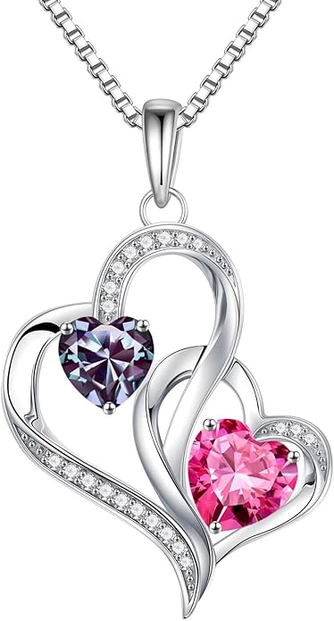 Iefil Birthstone Necklace for Women - 925 Sterling Silver Double Birthstone Heart Necklace | Anniversary Birthday Gifts for Women | Personalized Gifts | Jewelry Gifts for Wife Mom Girlfriend