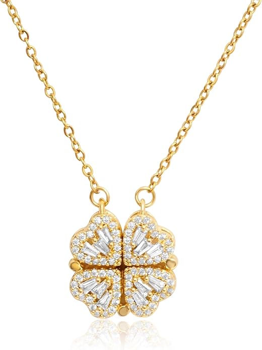 18K Gold Stainless Steel Gold Plated Necklace with Clove Hearts Charm - Can Be Worn Two Ways (Elegant A)