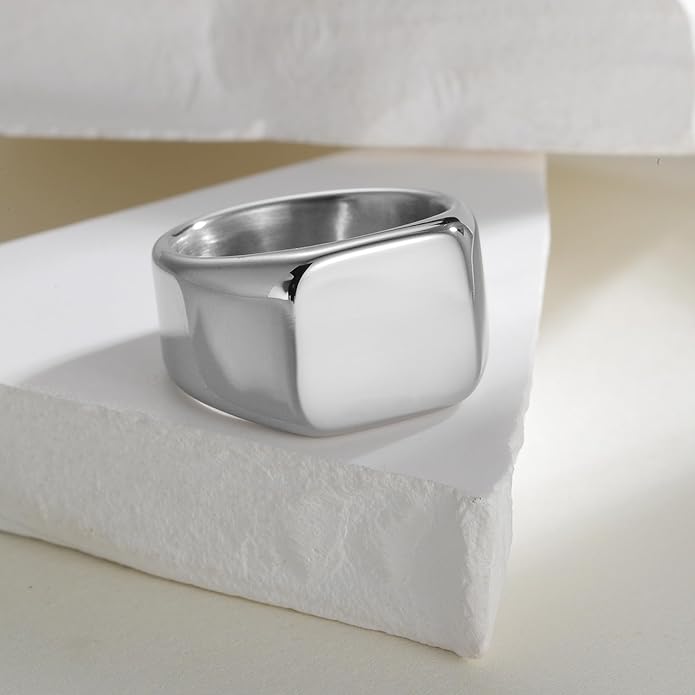 Mens Signet Rings Stainless Steel Pinky Ring for Men Women Silver/Black/Gold Square Cool Finger Ring, Gift for Dad Husband