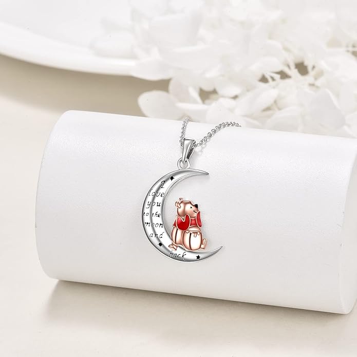 LILALO Bear Necklace Sterling Silver Moon Jewelry with I Love You To the Moon And Back Bear Gifts