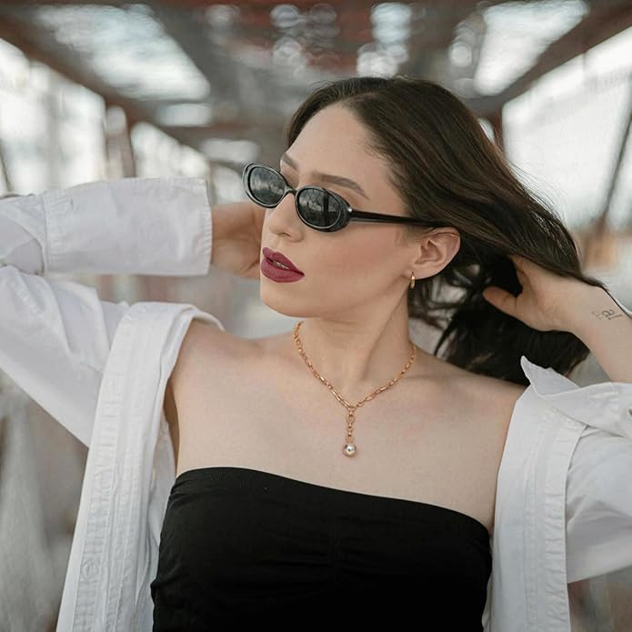 18k Gold Chain Link Necklace for Women, Baroque Pearl/Compass Pendant Necklace