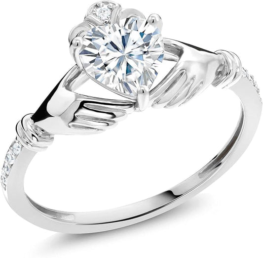 Gem Stone King 10K White Gold 6MM Heart Shape Gemstone Birthstone and White Diamond Irish Celtic Claddagh Engagement Ring | Gold Ring For Women | Available In Size 5, 6, 7, 8, 9