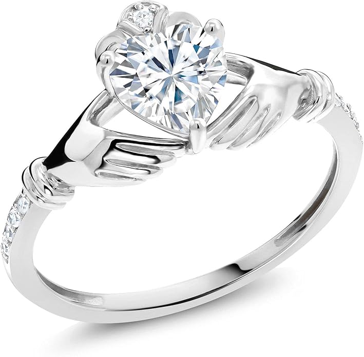 Gem Stone King 10K White Gold 6MM Heart Shape Gemstone Birthstone and White Diamond Irish Celtic Claddagh Engagement Ring | Gold Ring For Women | Available In Size 5, 6, 7, 8, 9