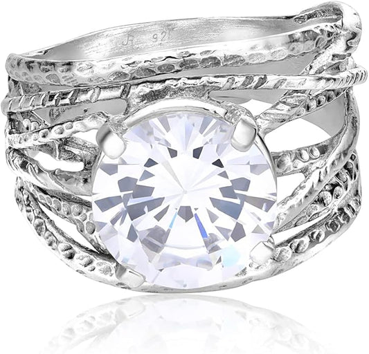 JEAN RACHEL JEWELRY 925 Sterling Silver Ring - Wrap Vintage Design with Prong Set Round Cubic Zirconia - Hypoallergenic, Lead & Nickel Free - Artisan Handcrafted Statement Rings for Women