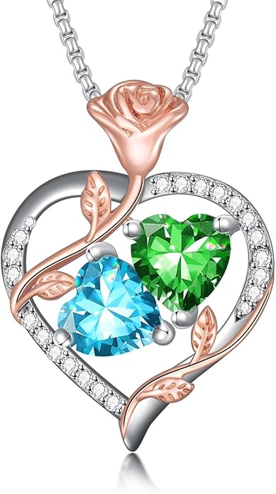 Jewelry for Her Double Heart Rose Birthstone Pendant Necklace Anniversary Jewelry Christmas Birthday Gifts for Women Wife Girlfriend