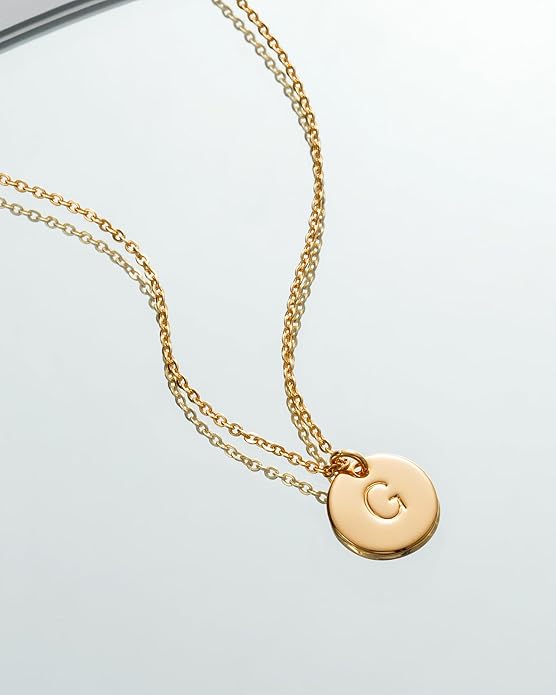 Bemoly Initial Necklace for Women Round 11MM Coin Disc Double Side Engraved Letter A-Z Hammered Pendant 14K Gold Plated Personalized Alphabet Birthday Jewelry 17.5"