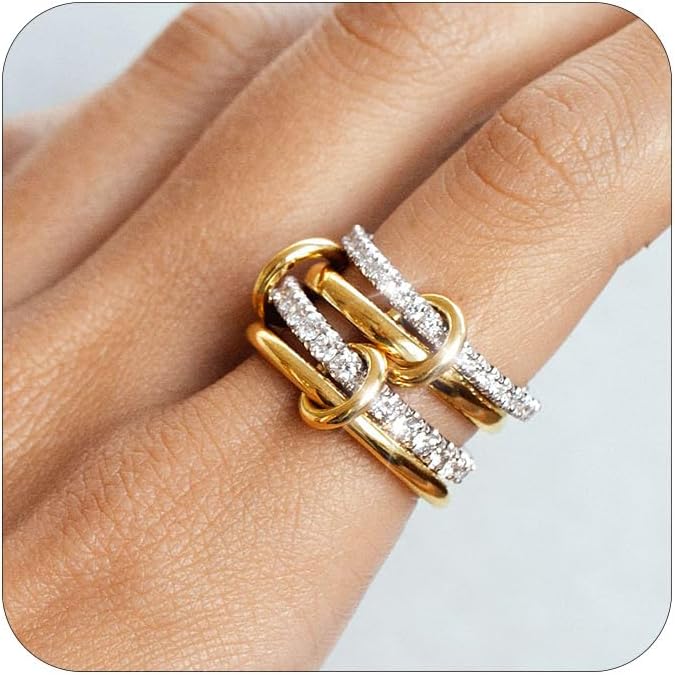 TLY Stackable Gold Rings for Women Non Tarnish 18K Gold Plated Interlocking Ring Stack Set Gold Silver Mixed Metal Statement Rings Dainty Cubic Zirconia CZ Fashion Connected Band Thumb Ring Size 4-11 Jewelry Gift for Women