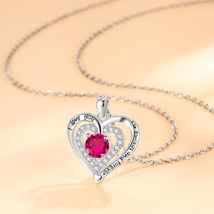 Heart Necklace, I Love You Always & Forever, Birthstone Cubic Zirconia Pendant, Gift for Women
