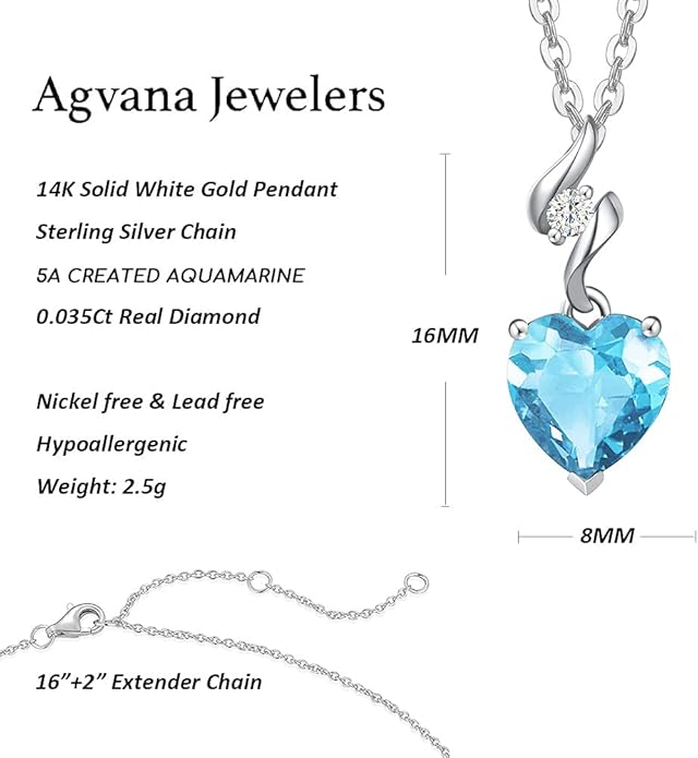 AGVANA 14K Solid White Gold Diamond Gemstone Pendant with Sterling Silver Chain 8mm Heart Birthstone Necklace Fine Jewelry Anniversary Birthday Gifts for Women Mom Wife