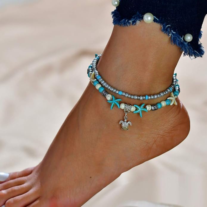 Starain Blue Turtle Anklets for Women Multilayer Beads Handmade Beach Ankle Bracelet Set Boho Foot Jewelry