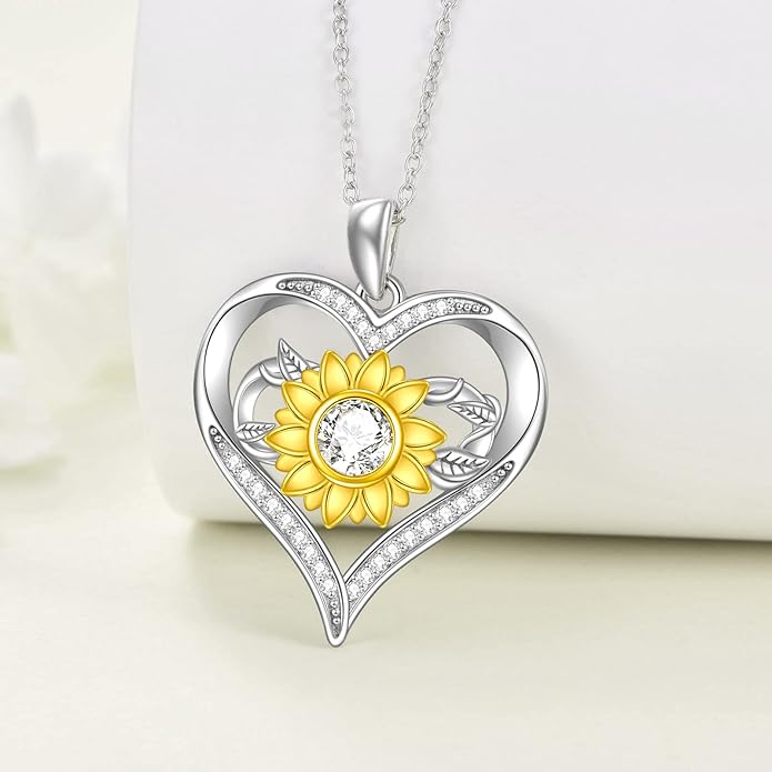 Sunflower Necklace for Women, 18K Gold Plated Silver Moissanite Sunflower Heart/Cross Pendant Necklace You are My Sunshine Gifts Sunflower Jewelry Birthday Christmas Mothers Day Gifts for Her Girlfriend Wife