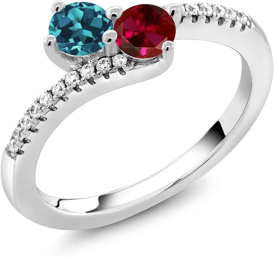 Gem Stone King 925 Sterling Silver Customized and Personalized Promise Love Bypass Gemstone Birthstone 2 Stone Fashion Mothers Ring For Women