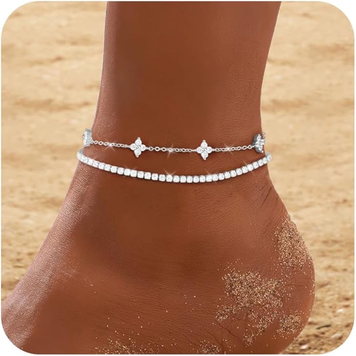 RLMOON Gold Anklets for Women CZ Ankle Bracelet 14K Gold Plated Waterproof Dainty Layered Tennis Heart Dot Chain Silver Clover Anklet Trendy Foot Jewelry