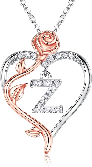 Iefil Rose Heart Necklaces Gifts for Women - 925 Sterling Silver Rose Heart Initial Necklace, Anniversary Birthday Gifts for Women, Jewelry Gift for Her Wife Girlfriend Mom Daughter