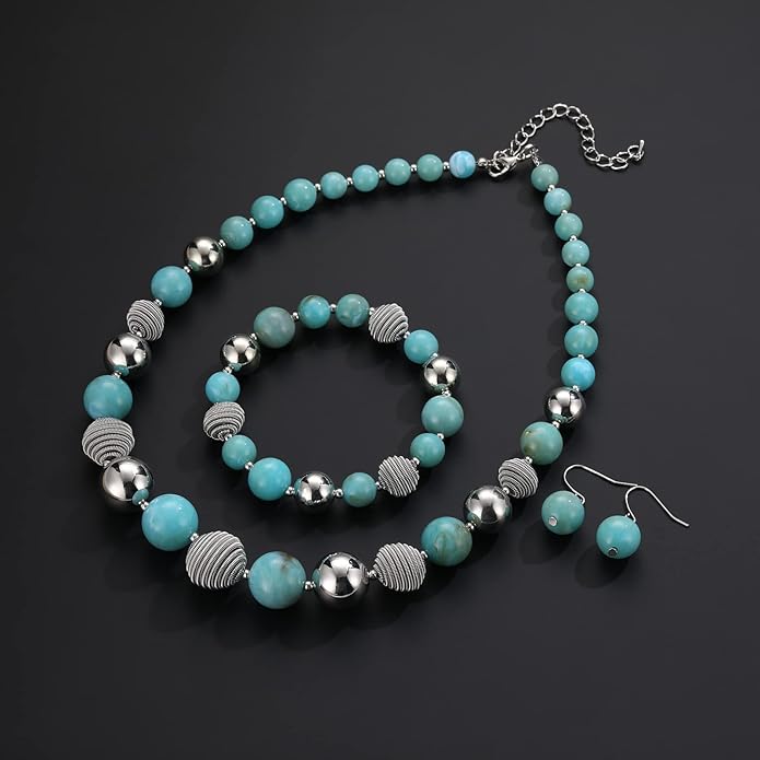 PEARL&CLUB Beaded Chunky Statement Necklace Earring and Bracelet Set Silver Metal Bead Fashion Jewelry Set Mothers’ Day Gifts for Women