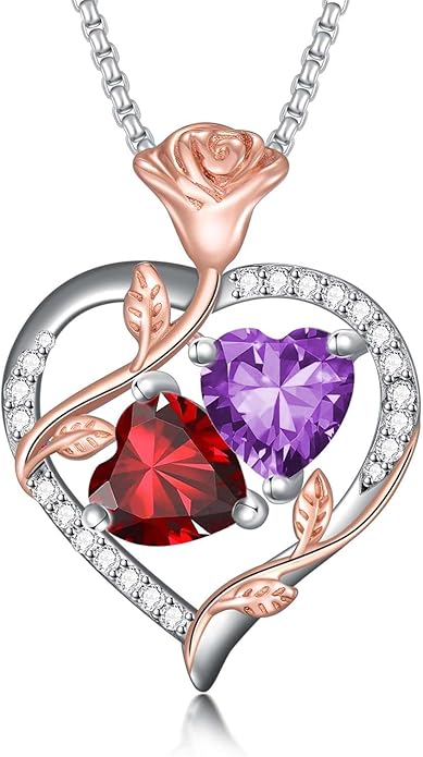 Jewelry for Her Double Heart Rose Birthstone Pendant Necklace Anniversary Jewelry Christmas Birthday Gifts for Women Wife Girlfriend