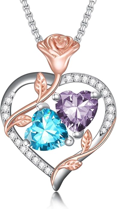Jewelry for Her Double Heart Rose Birthstone Pendant Necklace Anniversary Jewelry Christmas Birthday Gifts for Women Wife Girlfriend