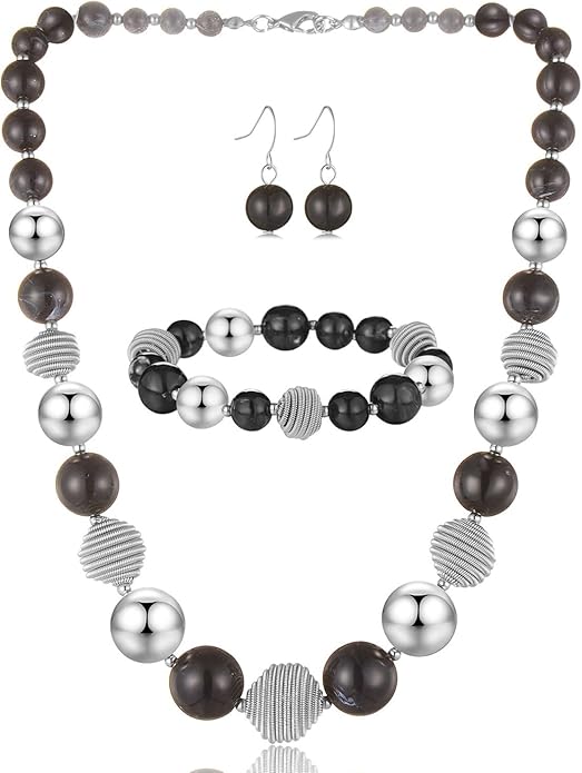 PEARL&CLUB Beaded Chunky Statement Necklace Earring and Bracelet Set Silver Metal Bead Fashion Jewelry Set Mothers’ Day Gifts for Women
