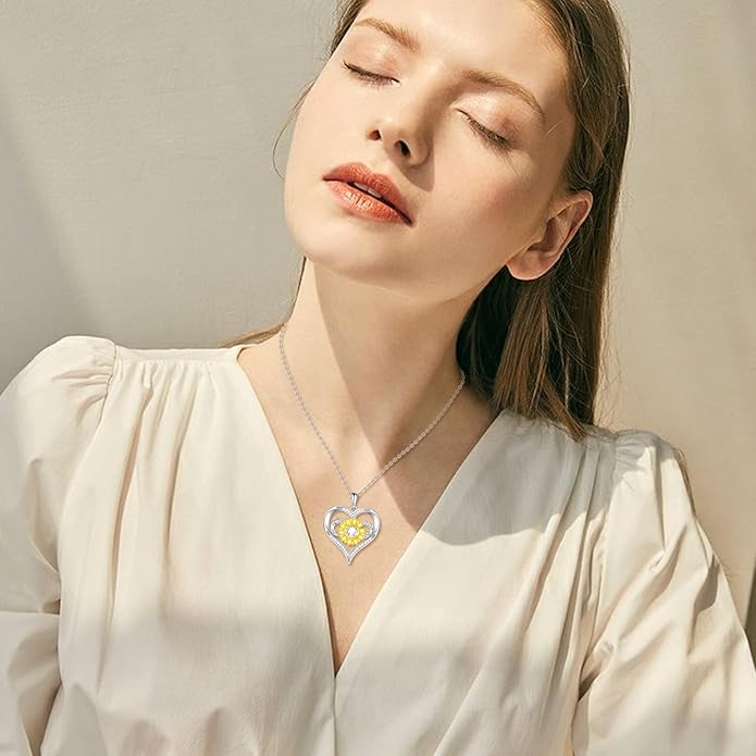 Sunflower Necklace for Women, 18K Gold Plated Silver Moissanite Sunflower Heart/Cross Pendant Necklace You are My Sunshine Gifts Sunflower Jewelry Birthday Christmas Mothers Day Gifts for Her Girlfriend Wife