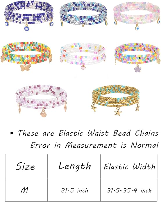 Tornito 8Pcs 31.5 Inches African Waist Bead Chain Elastic Belly Beads Butterfly Shell Layered Body Chain Colorful Jewelry Accessories for Women