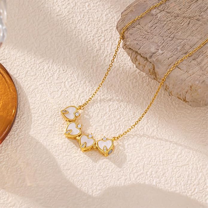 18K Gold Stainless Steel Gold Plated Necklace with Clove Hearts Charm - Can Be Worn Two Ways (Elegant A)